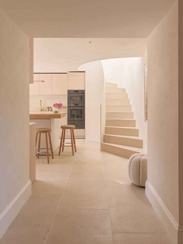 Limewash wall finish in a kitchen and hall